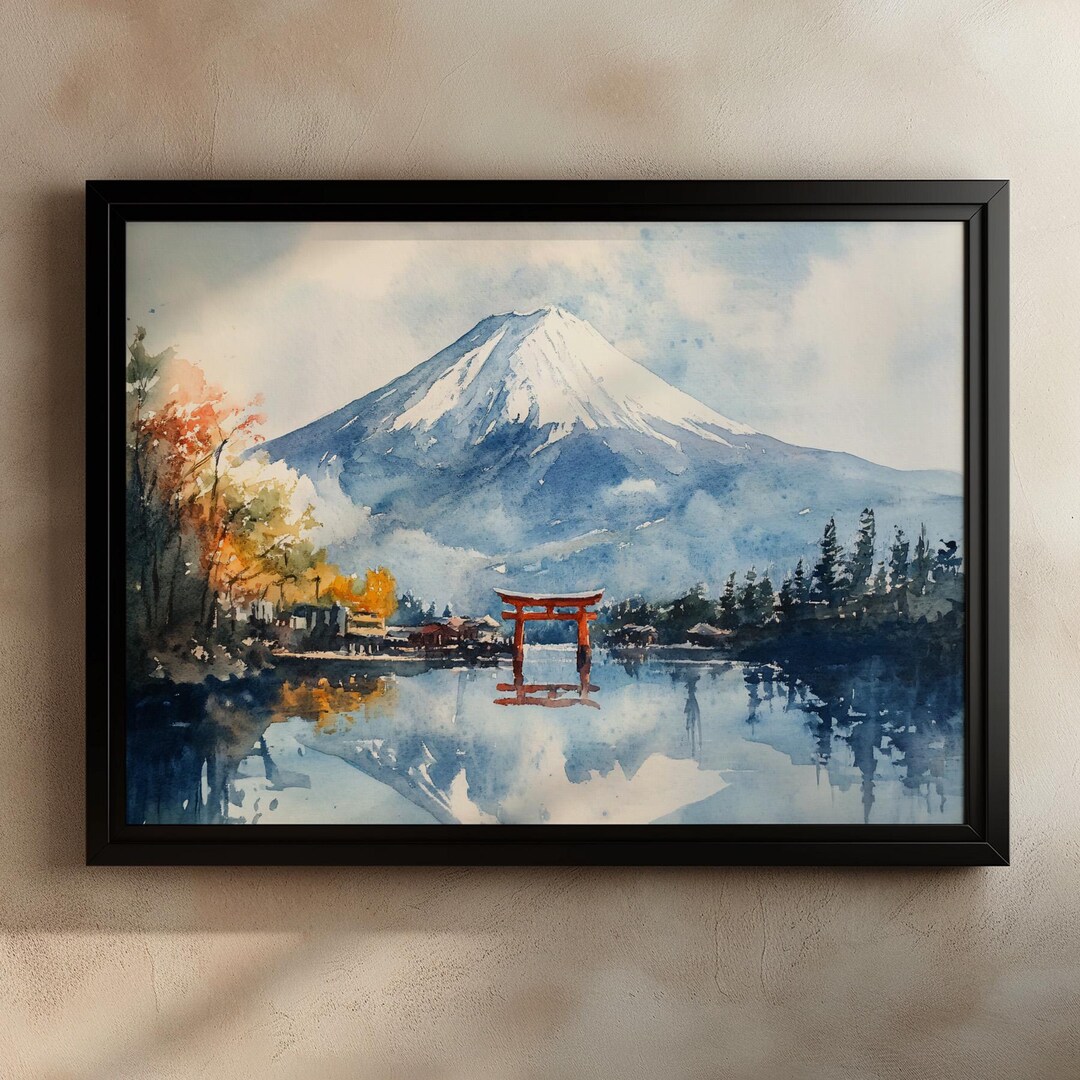 Mount Fuji Watercolor Print, Japanese Landscape Art, Torii Gate ...