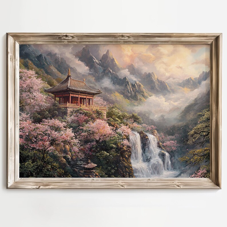Cherry Blossom Temple Art Print, Mountain Waterfall Wall Art, Asian ...