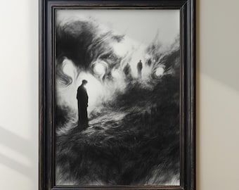 Surreal Shadow People Art Print, Black And White Charcoal Dreamscape Wall Art, Abstract Darkness Artwork, Ethereal Monochrome Home Decor