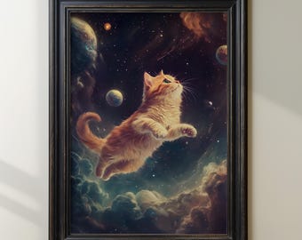 Floating Space Cat Art Print, Cosmic Cat Poster, Surreal Galaxy Kitten, Whimsical Outer Space Wall Decor, Fantasy Astronaut Cat Artwork
