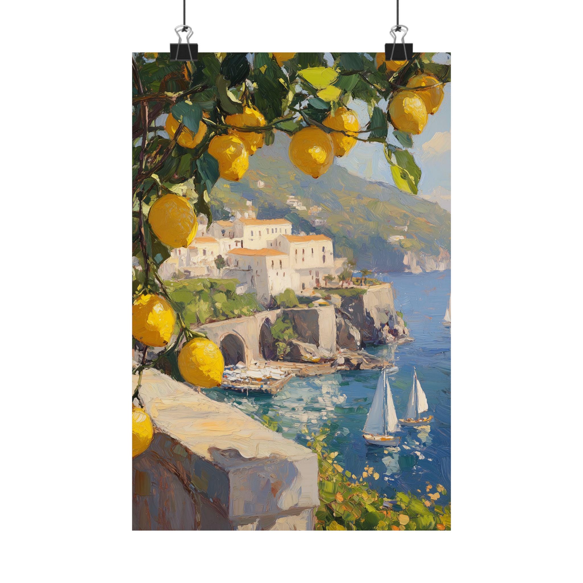 Italy Coastline Wall Art, Amalfi Coast Print, Lemons and Sea