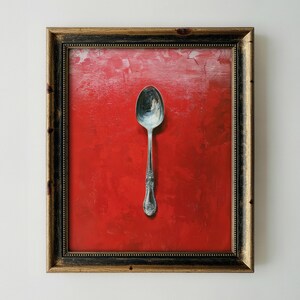 Silver Spoon Wall Art, Minimalist Kitchen Print, Modern Still Life Artwork, Red Dining Room Decor, Contemporary Wall Decor