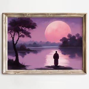 Under the Tranquil Moon | Moonlit Meditation Serene Night Sky Full Moon Calming Moon and Water Print Serene Lake Zen Spiritual Silhouette