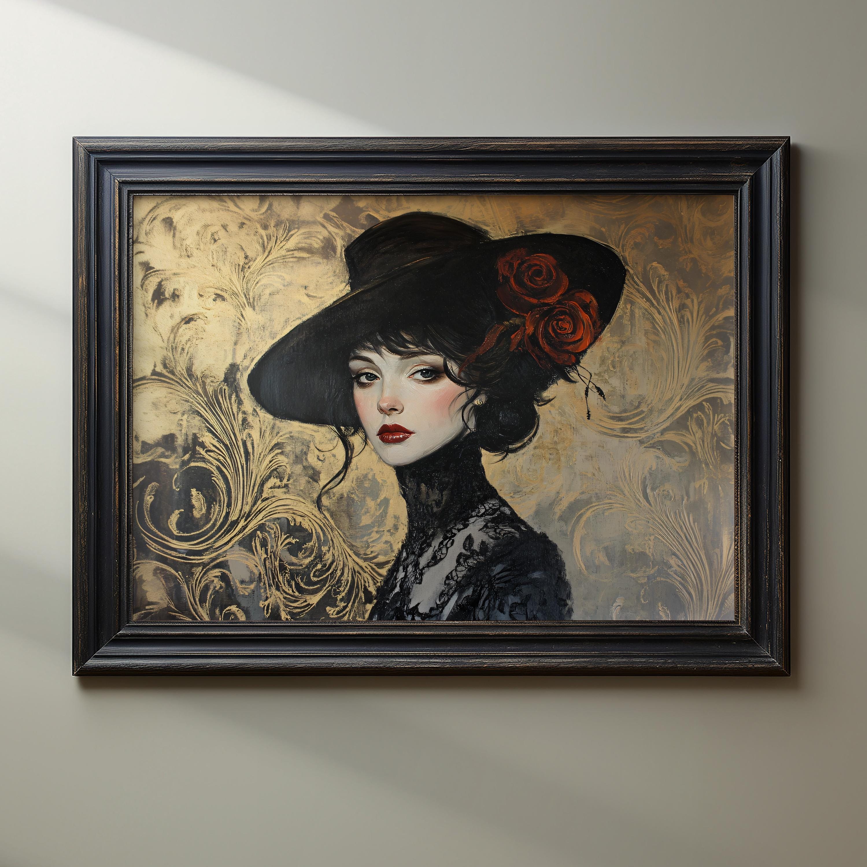 Victorian Woman Wall Art, Gothic Lady Portrait, Vintage Hat Girl