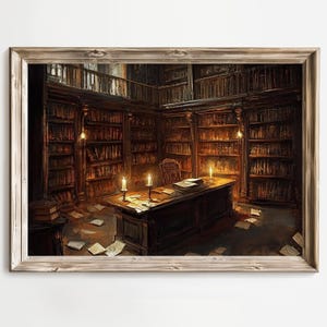 Vintage Library, Candlelit Study, Gothic Decor, Dark Academia Art, Book Lover Print, Home Library Art, Fantasy Room Decor, Literary Wall Art afbeelding 4