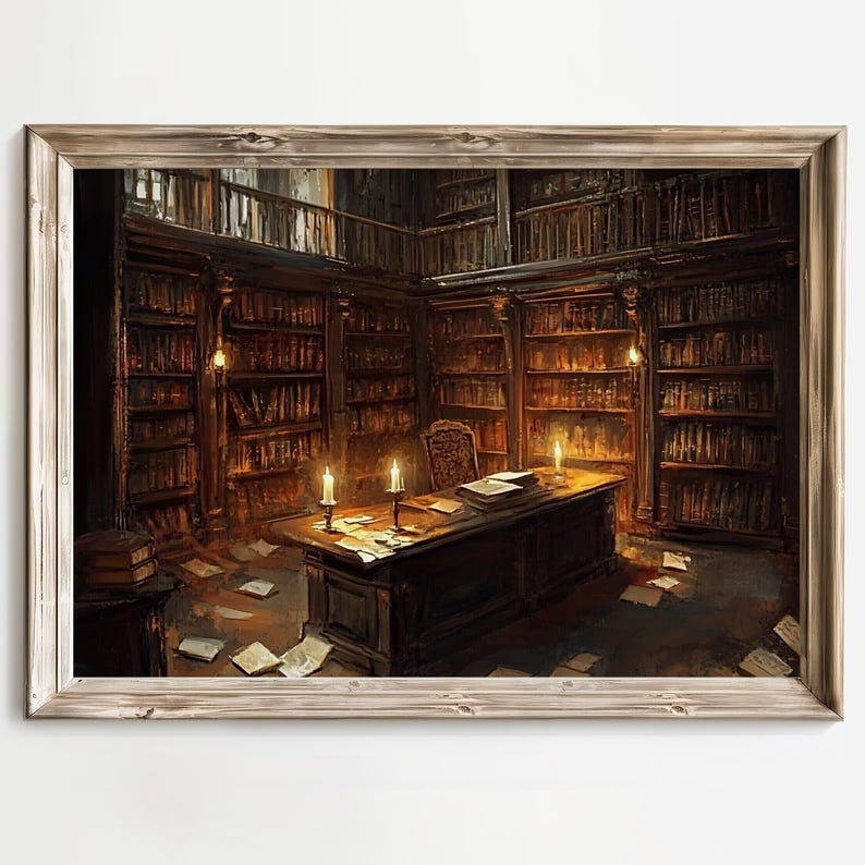 Vintage Library, Candlelit Study, Gothic Decor, Dark Academia Art, Book Lover Print, Home Library Art, Fantasy Room Decor, Literary Wall Art afbeelding 4