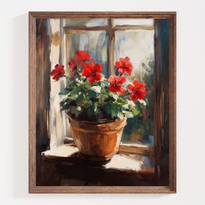 May include: A painting of a potted plant with red flowers in a windowsill. The plant is in a terracotta pot and the window is framed in wood.