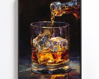 Whiskey Glass Wall Art Print, Dramatic Bourbon Pour Painting, Ice Cube Drink Artwork, Masculine Bar Decor, Modern Liquor Art