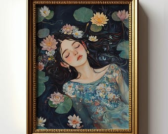 May include: A painting of a woman with long dark hair, wearing a blue and white floral dress, lying in a pool of water with lily pads and flowers. The woman has her eyes closed and appears to be sleeping.
