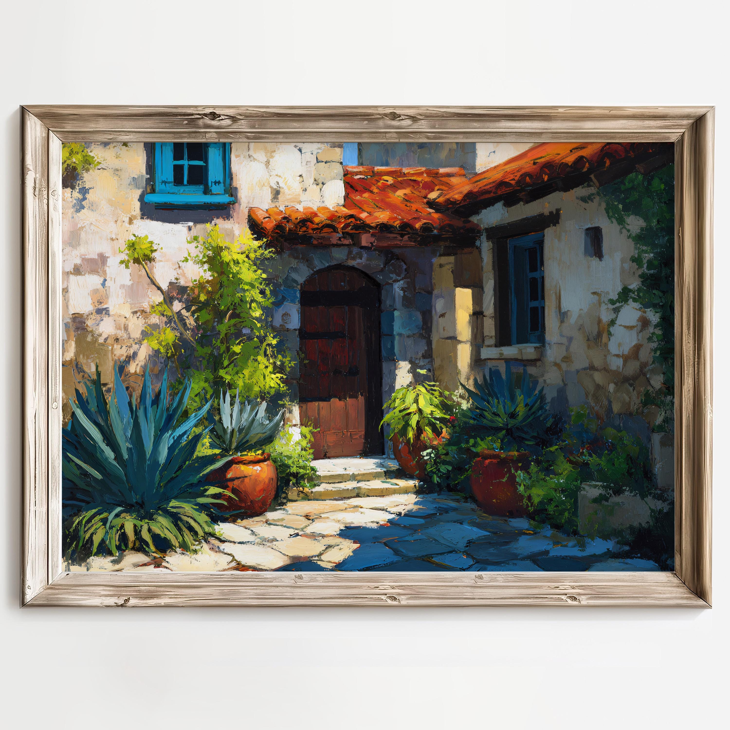 Mediterranean Courtyard Wall Art Print, Spanish Villa Painting, Rustic ...