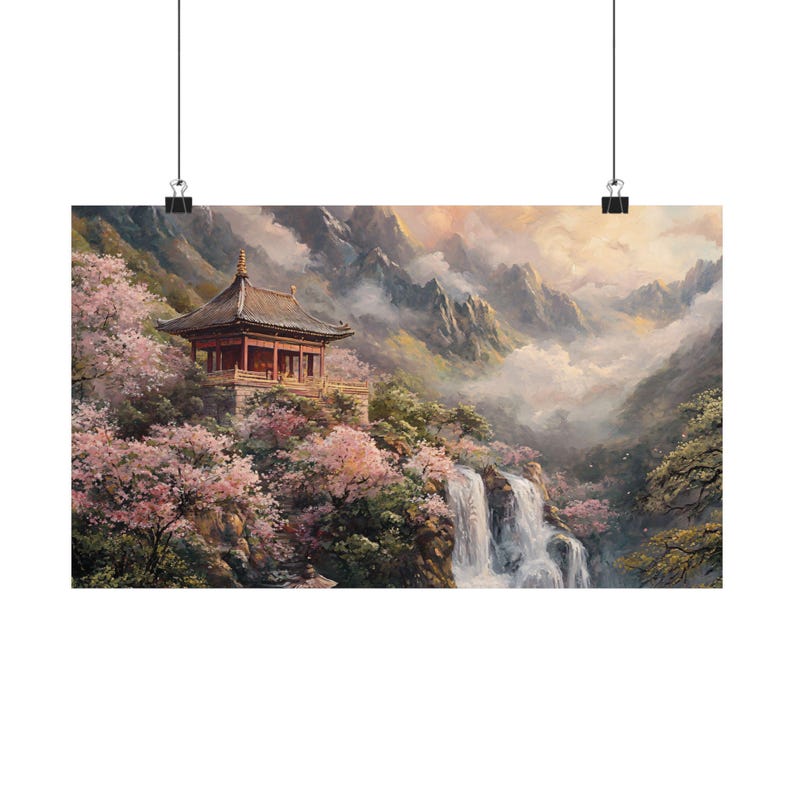 Cherry Blossom Temple Art Print, Mountain Waterfall Wall Art, Asian ...