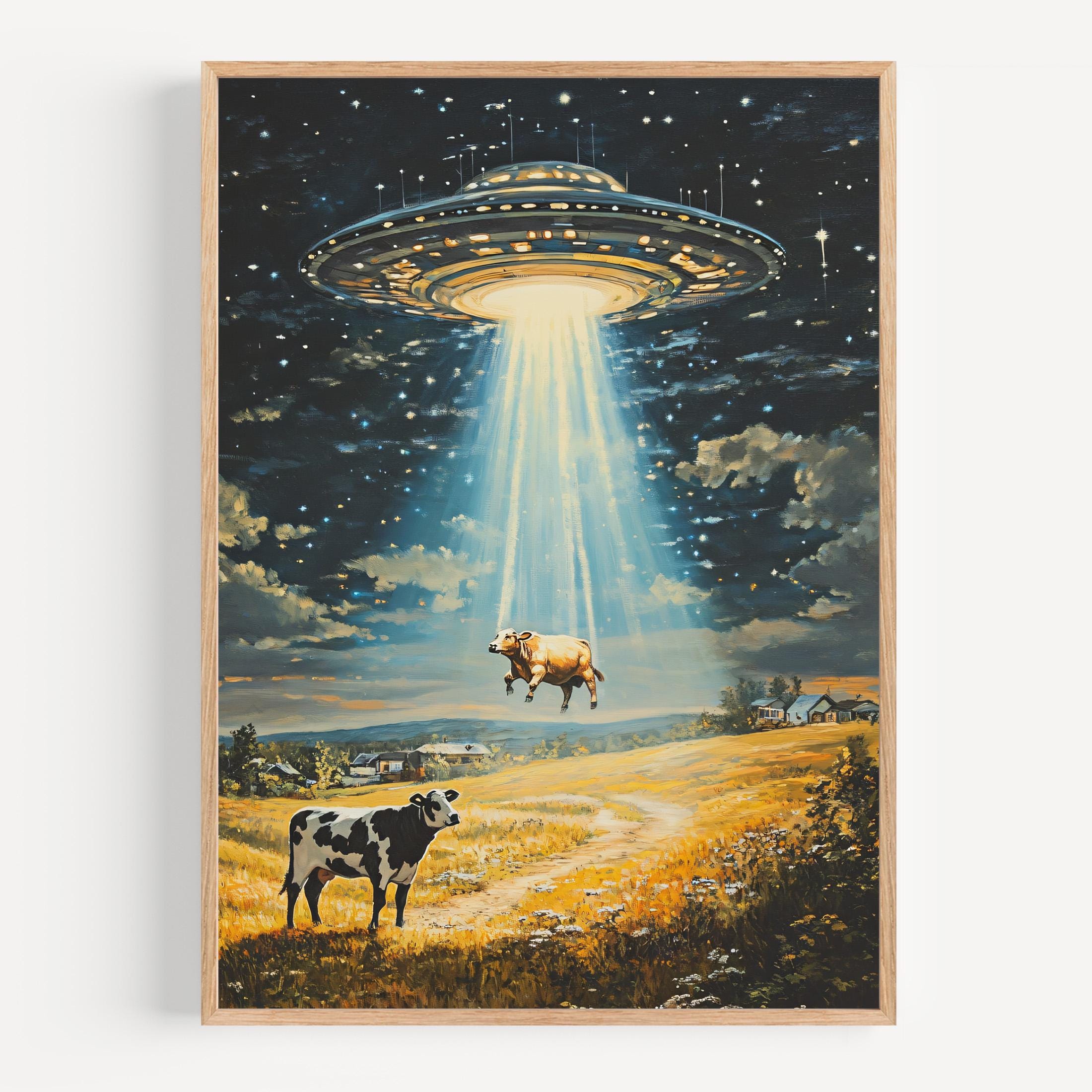 UFO Cow Abduction Art Print, Alien Spaceship Wall Art, Funny Farmhouse ...