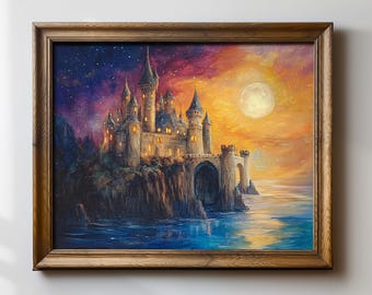 Enchanted Castle Art Print, Magical Moonlit Landscape Wall Decor, Fantasy Fairytale Painting, Mystical Night Scene Art, Castle by the Sea