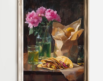 Mexican Food Still Life, Rustic Taco Art Print, Kitchen Wall Decor, Oil Painting Style, Pink Flowers Art, Culinary Art Print, Vintage Decor