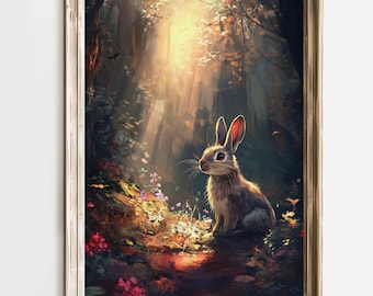 Woodland Bunny Art Print, Nature-Inspired Wall Decor, Enchanted Forest Rabbit Art Print, Fantasy Animal Artwork, Rustic Forest Home Decor