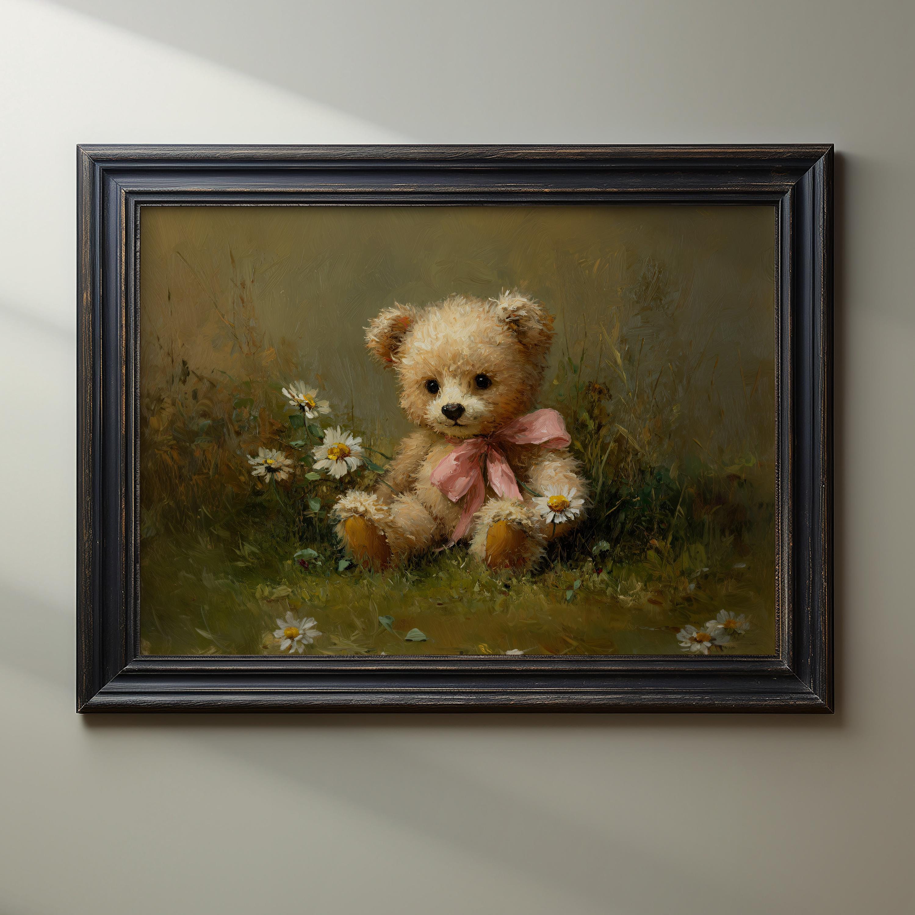 Teddy Bear Nursery Wall Art Print, Cute Bear Painting With Pink Bow ...