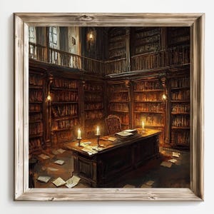 Vintage Library, Candlelit Study, Gothic Decor, Dark Academia Art, Book Lover Print, Home Library Art, Fantasy Room Decor, Literary Wall Art afbeelding 8
