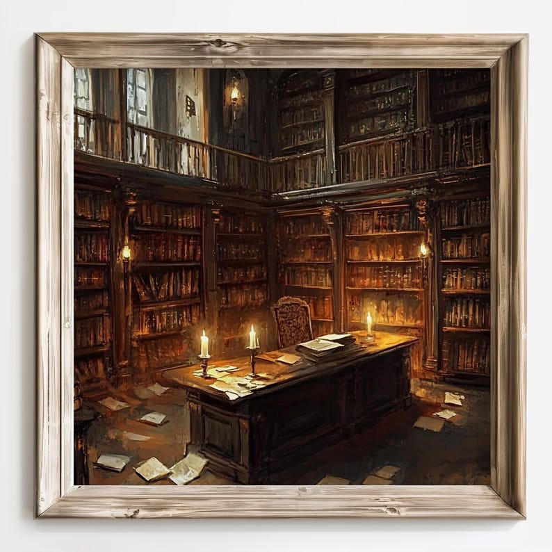 Vintage Library, Candlelit Study, Gothic Decor, Dark Academia Art, Book Lover Print, Home Library Art, Fantasy Room Decor, Literary Wall Art afbeelding 8