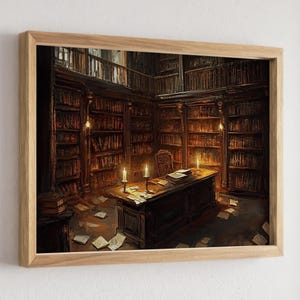 Vintage Library, Candlelit Study, Gothic Decor, Dark Academia Art, Book Lover Print, Home Library Art, Fantasy Room Decor, Literary Wall Art afbeelding 6