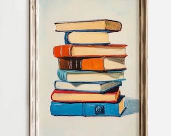 Stacked Books Art Print, Vibrant Book Lover Wall Art, Colorful Literary Decor, Modern Book Painting, Library Inspired Art, Gift for Readers