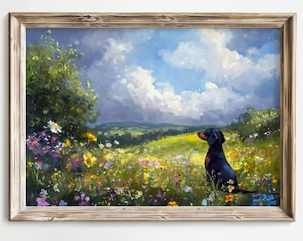 Dachshund in Wildflower Meadow Art Print, Dog Landscape Wall Art, Countryside Pet Lover Decor, Nature Inspired Home Decor, Cloudy Sky Print