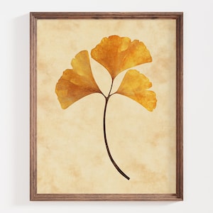 Golden Ginkgo Leaf Art Print, Botanical Wall Art, Minimalist Nature Decor, Zen Home Decor, Ginkgo Biloba Illustration, Japanese Aesthetic