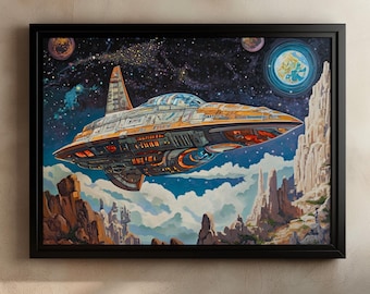 Retro Spaceship Art Print, Sci-Fi Spacecraft Poster, Futuristic Galaxy Wall Decor, Cosmic Adventure Illustration, Space Exploration Artwork