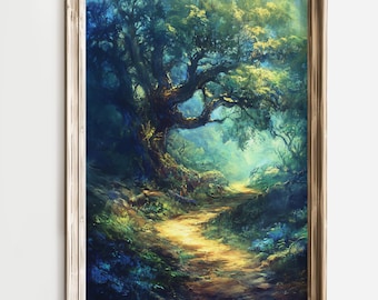 Magical Forest Path Art, Serene Landscape Painting, Enchanted Woods Print, Nature Home Decor, Woodland Scene, Peaceful Forest Wall Art