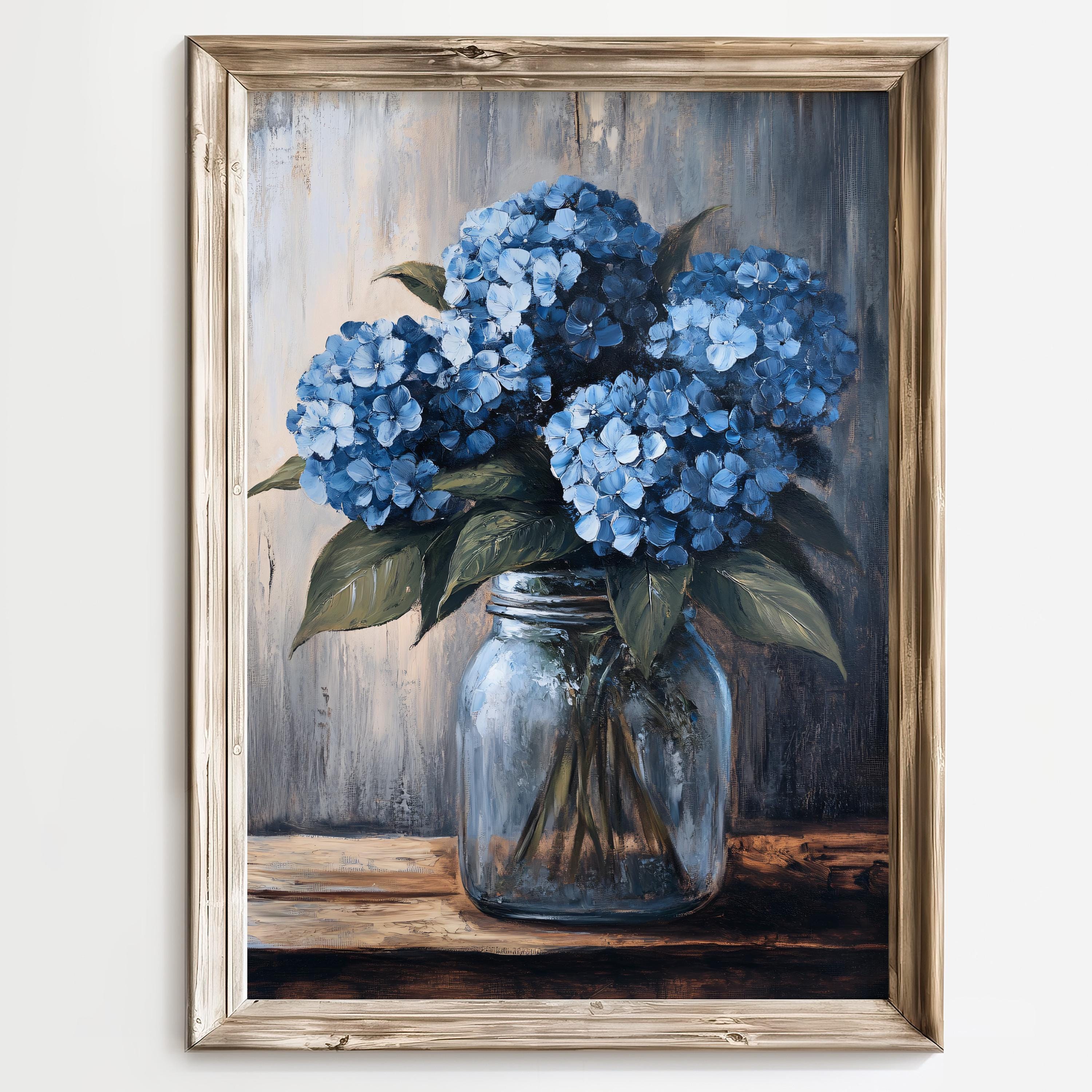 Rustic Hydrangea Wall Art, Blue Floral Print, Country Farmhouse