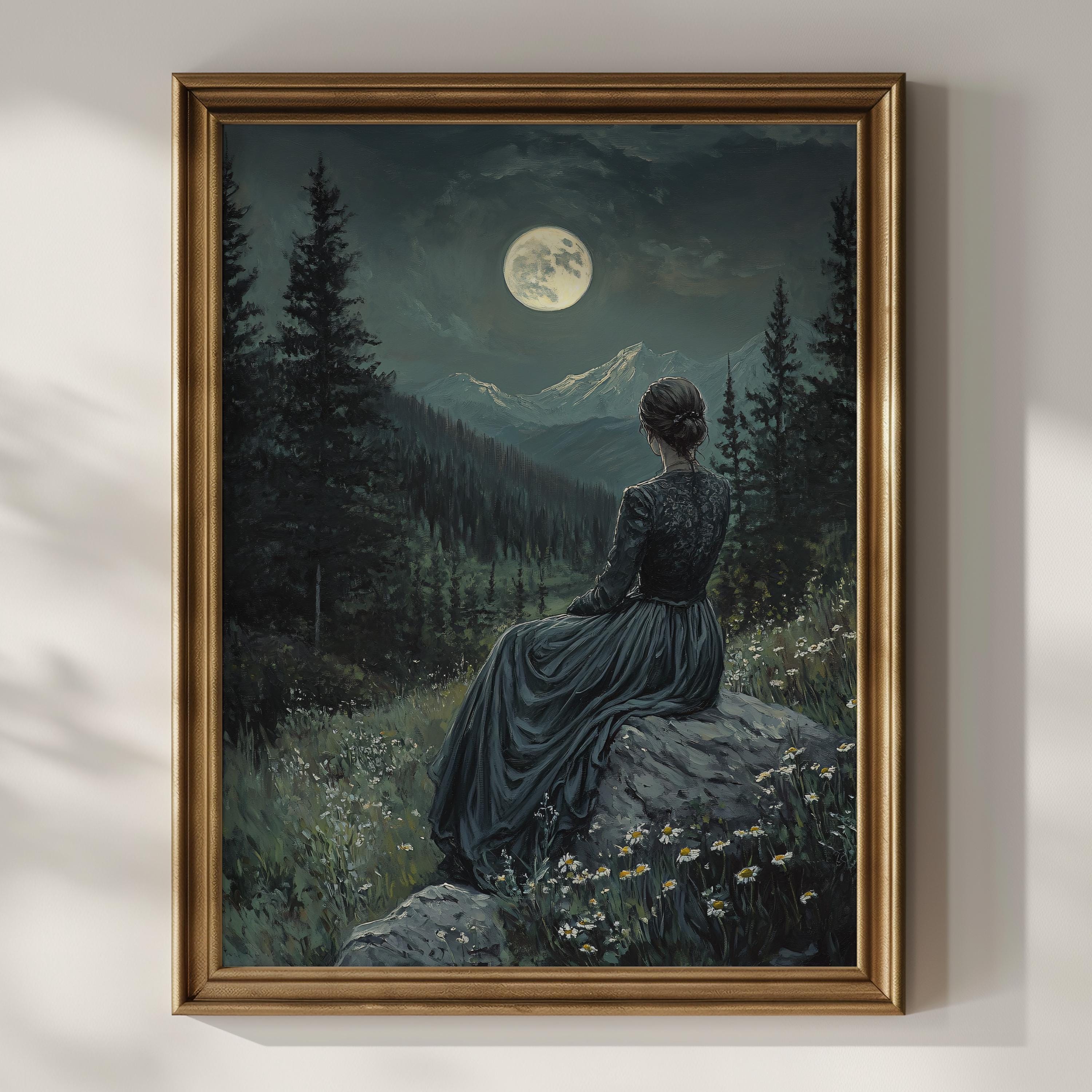 Full Moon Art Print, Woman in Forest, Romantic Gothic Wall Art