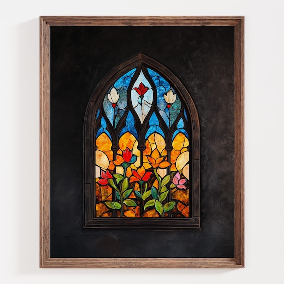 Stained Glass Window Art, Floral Stained Glass Panel, Gothic