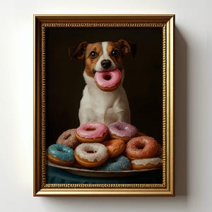 Funny Dog With Donut, Jack Russell Terrier Print, Cute Dog Wall Art, Donut Lover Print Dog Kitchen Decor, Pet Portrait, Colorful Donuts Art image 1