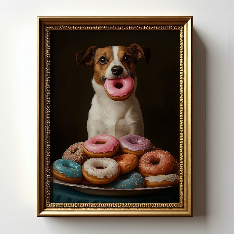 Funny Dog With Donut, Jack Russell Terrier Print, Cute Dog Wall Art, Donut Lover Print Dog Kitchen Decor, Pet Portrait, Colorful Donuts Art image 1