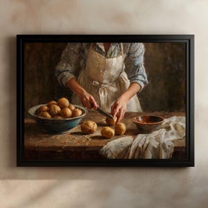 Rustic Kitchen Still Life, Vintage Cooking Scene Art, Peeling Potatoes Painting, Farmhouse Culinary Decor, Warm Cottage Kitchen Artwork