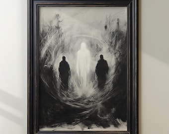 Dark Fantasy Spirit Art Print, Surreal Afterlife Drawing, Black And White Ghost Illustration, Gothic Horror Decor, Ethereal Shadow Artwork