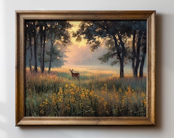 Deer Meadow Sunrise Art Print, Woodland Wildlife Landscape Painting, Misty Forest Morning Wall Decor, Peaceful Nature Artwork