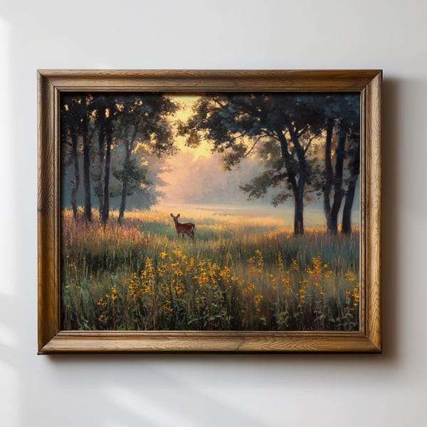 Deer Meadow Sunrise Art Print, Woodland Wildlife Landscape Painting, Misty Forest Morning Wall Decor, Peaceful Nature Artwork