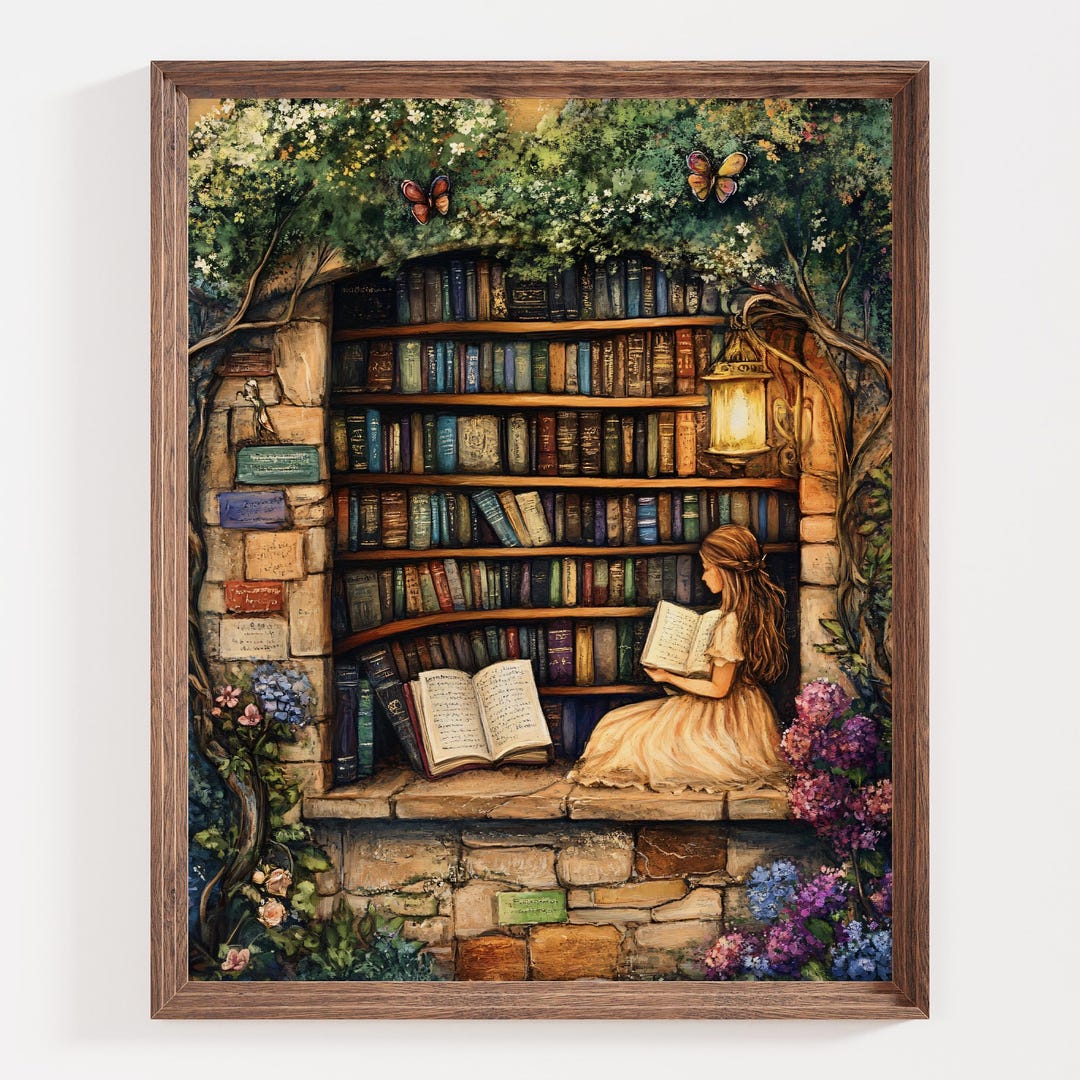 Whimsical Library Art Print, Cozy Reading Nook, Vintage Bookshelf Wall ...