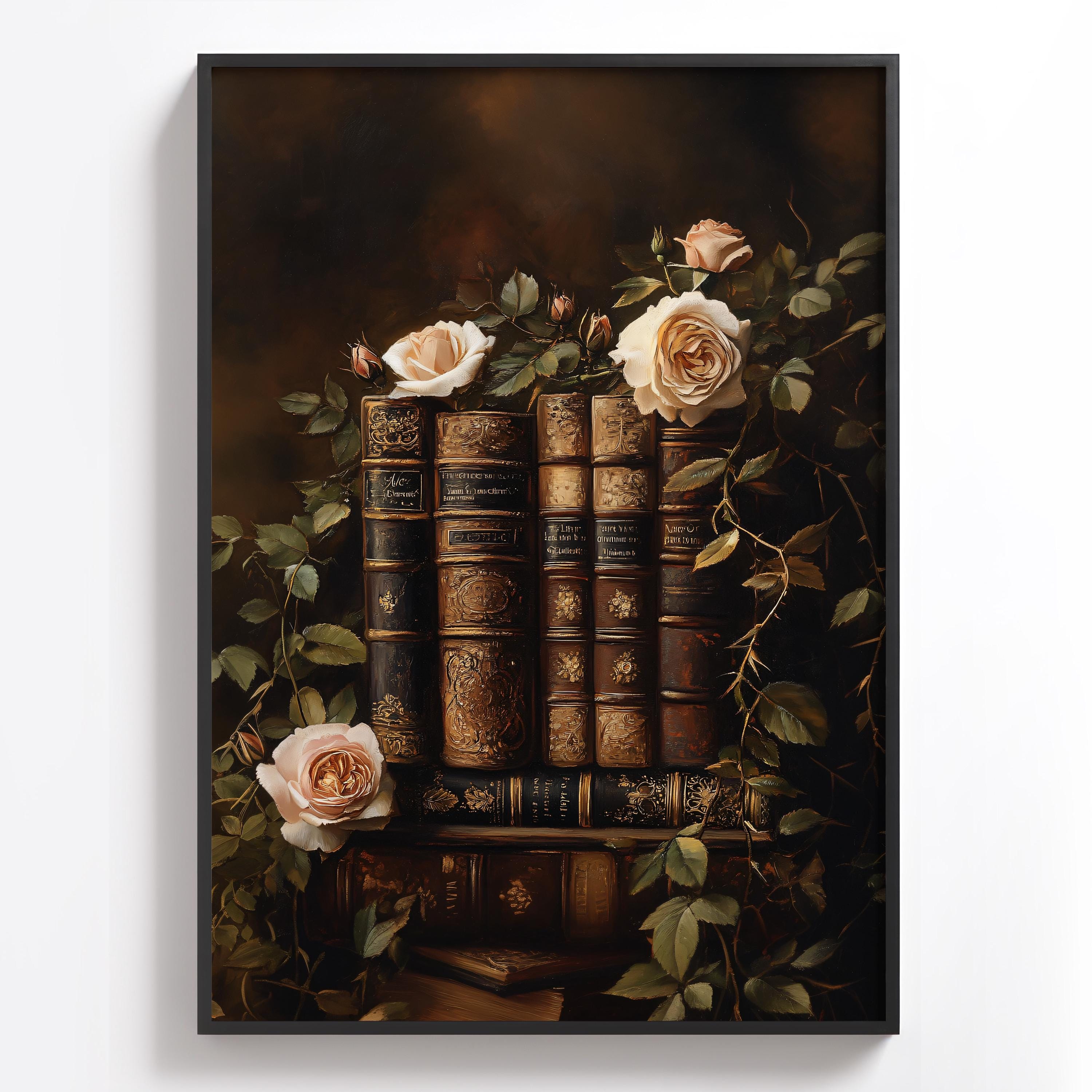 Antique Books With Roses Print, Vintage Library Wall Art, Romantic
