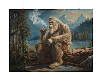 Bigfoot Smoking Cigarette Wall Art, Sasquatch Lake Matte Print, Mythical Creature Decor, Rustic Bigfoot Painting, Gift for Cryptid Lovers