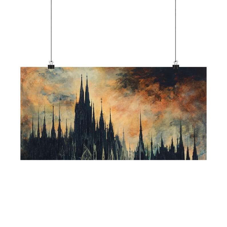 Gothic Cathedral Art Print, Dark Architecture Wall Art, Dramatic Sunset Decor, Spooky Gothic Decor, Gothic Church Painting, Moody Wall Art image 10