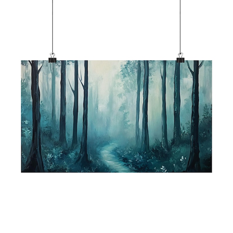 Moody Forest Art, Forest Path Art, Foggy Forest Painting, Dark Forest Decor, Moody Decor, Enchanted Forest Print, Moody Landscape Wall Art afbeelding 10
