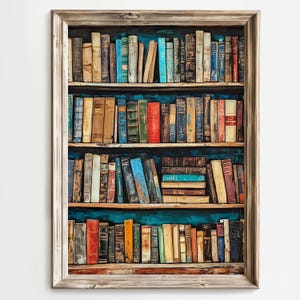 Vintage Bookshelf Art Print, Library Wall Art, Antique Books Painting, Rustic Home Decor, Book Lover Gift, Literary Art, Reading Room Decor