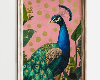 Peacock Wall Art, Tropical Bird Print, Gold and Pink Decor, Elegant Animal Art, Exotic Home Decor, Boho Wall Print, Colorful Bird Art