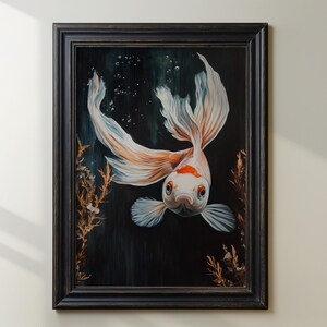 Elegant Betta Fish Print, Siamese Fighting Fish Wall Art, Underwater Painting, Aquatic Decor, Zen Fish Artwork, Black Background Art