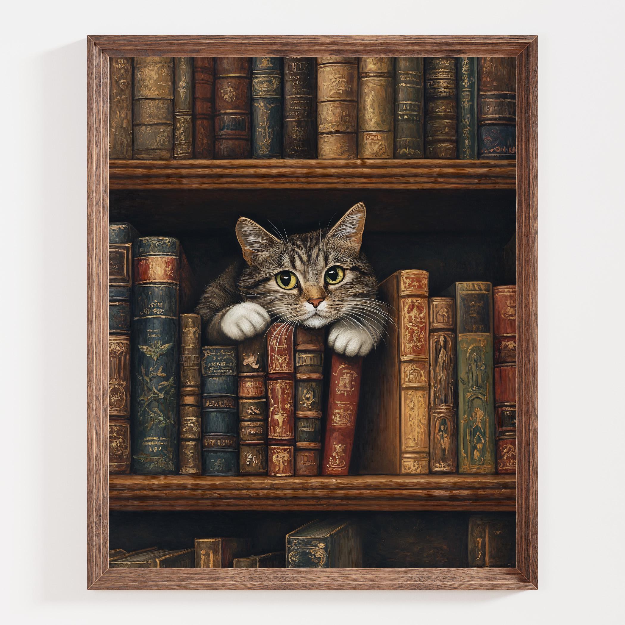 Tabby Cat in Bookshelf Print, Vintage Library Art, Literary Cat