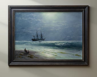 Moonlit Ship at Sea, Vintage Ocean Painting Print, Maritime Wall Art, Romantic Seascape Poster, Nautical Coastal Decor, Stormy Beach Scene