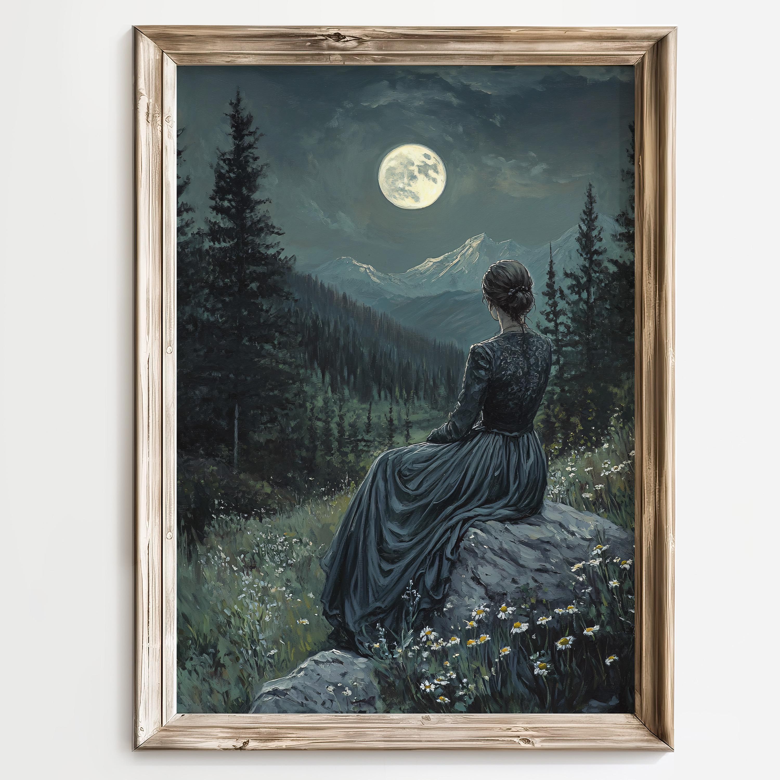 Full Moon Art Print, Woman in Forest, Romantic Gothic Wall Art