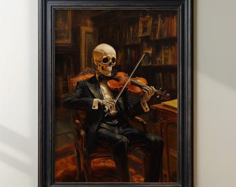 Skeleton Playing Violin Painting, Gothic Dark Academia Art, Vintage Library Decor, Skeleton Violinist Print, Victorian Skull Musician Art