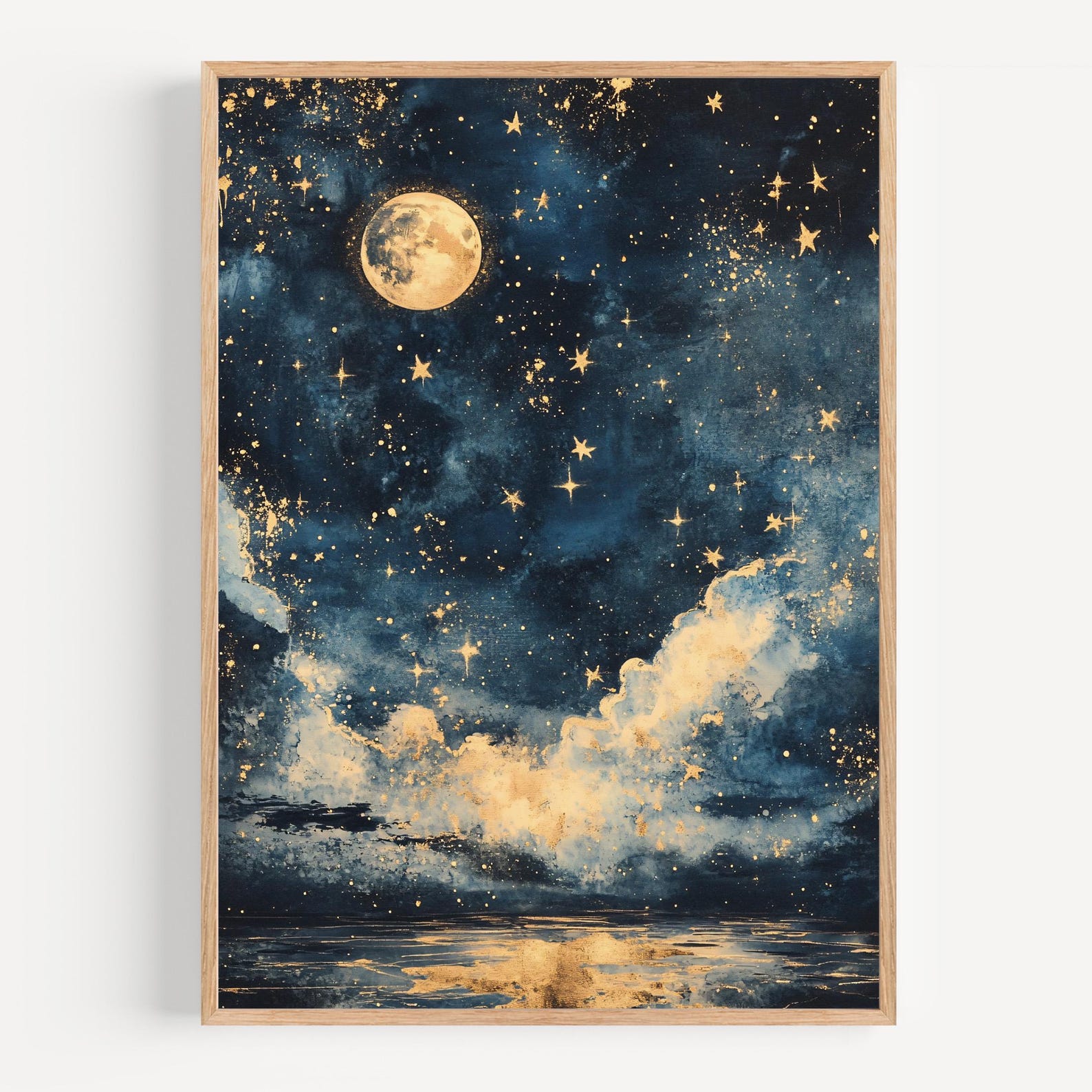 Moonlit Sky Wall Art, Starry Sky, Cosmic Artwork, Dark Blue Wall Art ...